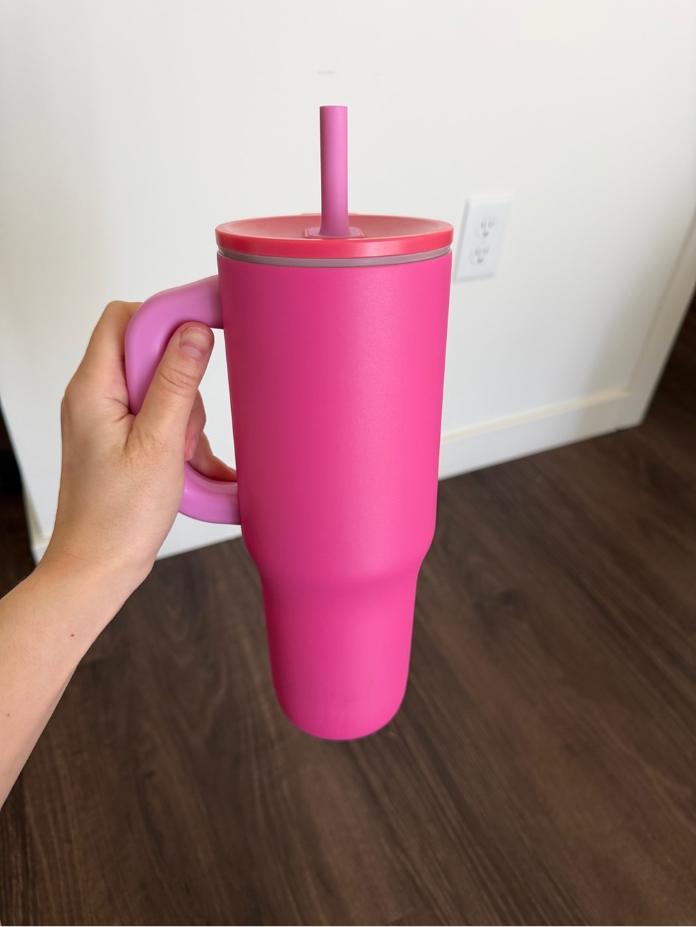 Insulated Pink Travel Tumbler with Handle and Straw